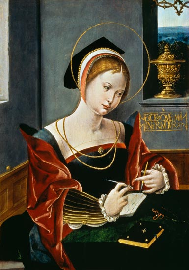 Portrait of a lady writing from Master of the Female Half Lengths