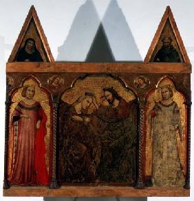 Triptych: Coronation of the Virgin flanked by two saints