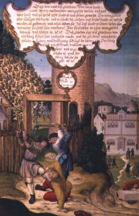 The vinedressers killing the heir of the vineyard owner, illustrating Christ's teaching 'The stone t from Matthias Gerung or Gerou