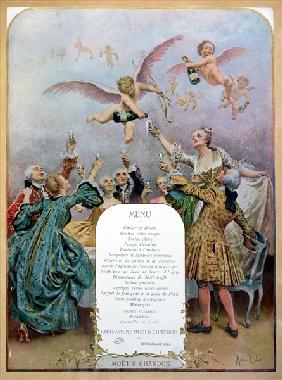 Ritz Restaurant menu, depicting a group of elegant 18th century men and women drinking champagne ser