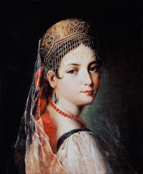 Bildnis einer jungen Frau mit Sarafan und Kokoshnik (Kopfschmuck)
