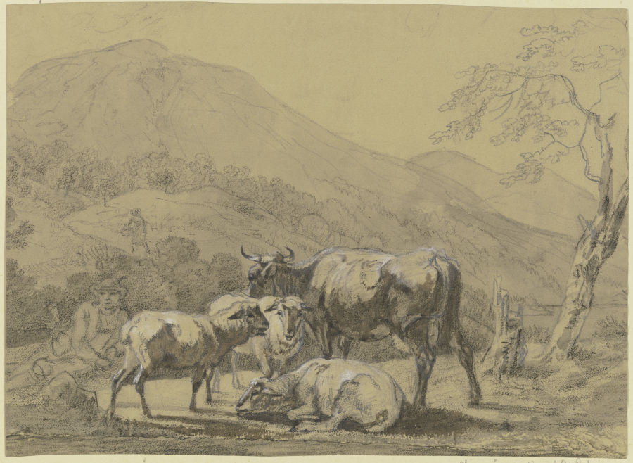 Hirte mit einer Kuh und drei Schafen in einer Gebirgslandschaft from Max Joseph Wagenbauer