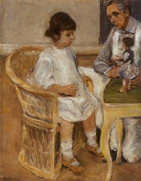 the artists' granddaughter in a basket-chair