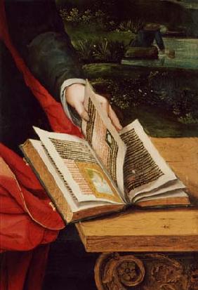 Madonna with the child. Detail: Book and hand of the Madonna.