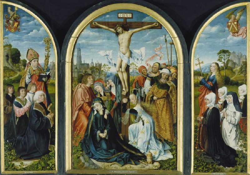 Triptych out of a Frankfurt church: Crucifixion (middle) and founder from Meister von Frankfurt