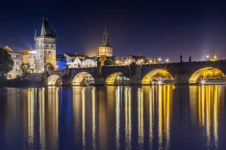 Night impression of Charles Bridge with Old Town Bridge Tower 