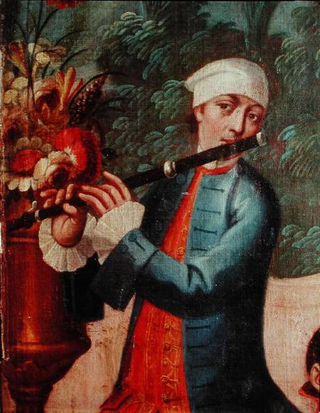 A Flautist, detail from a screen from Mexican School