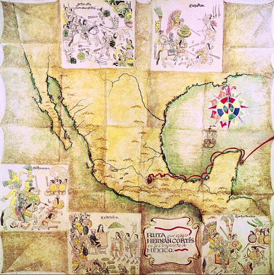 Map of the route followed Hernando Cortes (1485-1547) during the conquest of Mexico from Mexican School
