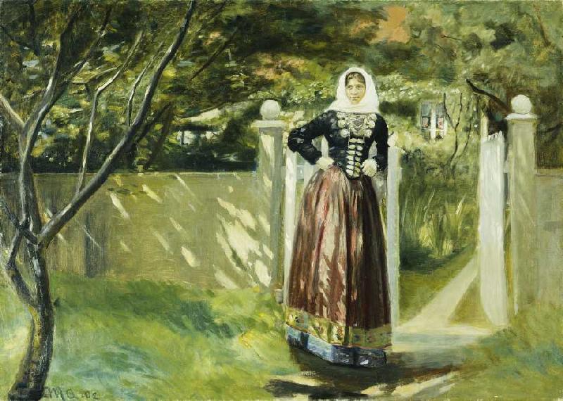 Woman in Danish dress at the garden gate from Michael Peter Ancher