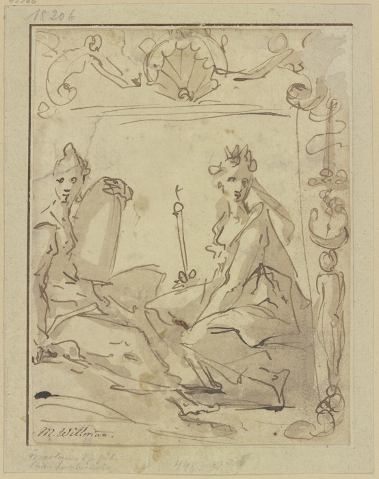Zwei weibliche Figuren unter einer Muscheldekoration from Michael Willmann