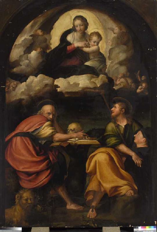 Maria mit Kind in der Glorie, den hll. Hieronymus und Jakobus mit Stifter. from Michelangelo Anselmi