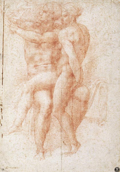 Nude female seated on the knees of a seated male nude: Adam and Eve from Michelangelo Buonarroti