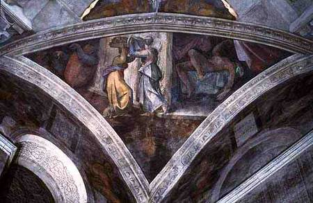 Sistine Chapel Ceiling: Judith Carrying the Head of Holofernes (spandrel) (pre restoration) from Michelangelo Buonarroti