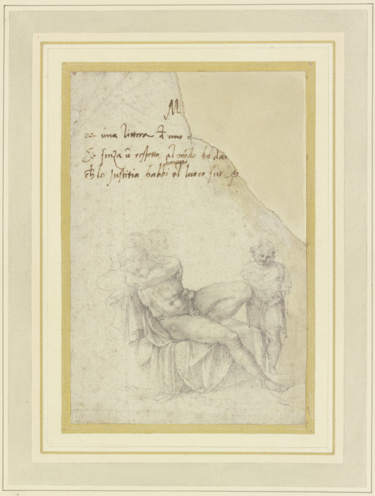 Sitzender männlicher Akt, schlafend, mit einem stehenden Kind oder Putto from Michelangelo Buonarroti