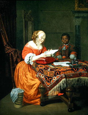A Woman Reading a Letter with a Negro Page in Attendance, 1670 (oil on canvas) from Michiel van Musscher