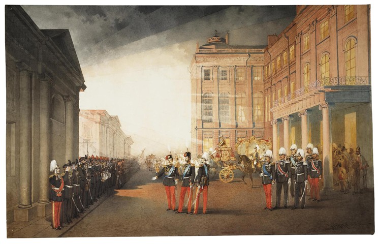 Parade in front of the Anichkov Palace in Petersburg from Mihaly von Zichy