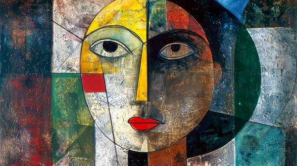 Das Gemälde präsentiert ein abstraktes Porträt einer Frau, das den Stil des Kubismus mit großen Auge from Miro May