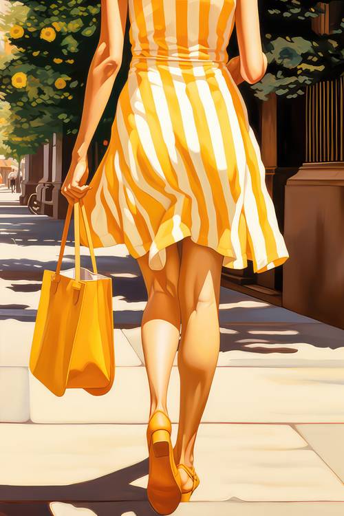 Eine Frau in Sommerkleid und Handtasche geht durch die Stadt an einem Sommertag. from Miro May