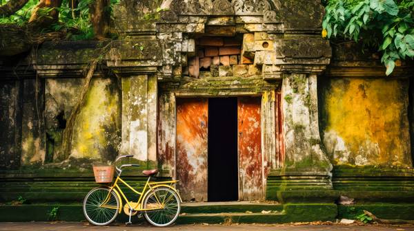 Gelbes Fahrrad vor einem Tempel auf Bali. Architektur und Farben in Asien. from Miro May