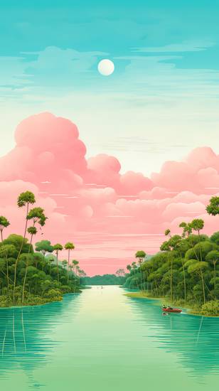 Amazonas Fluss, pinke Wolken, Regenwald. Natur Aquarelle Digital AI