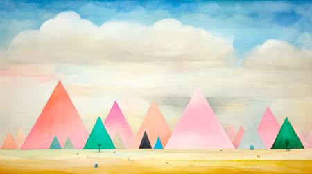 Aquarelle mit bunten Pyramiden und Wolkenlandschaften, minimalistisch. Digital AI Art.