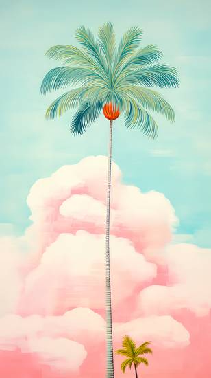 Aquarelle mit einer Palme und Wolkenlandschaften, minimalistisch. Digital AI Art.