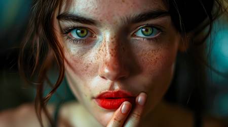 Close up Porträt einer wunderschönen Frau mit grünen Augen und Sommersprossen