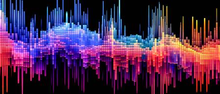 das farbenfrohe, lineare Muster elektronischer Wellenformen im Stil von Voxel-Kunst, Datenvisualisie