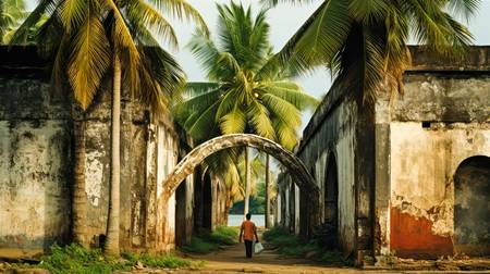 Der Weg zum Fluss. Palmen und alte Gemäuer in Indien