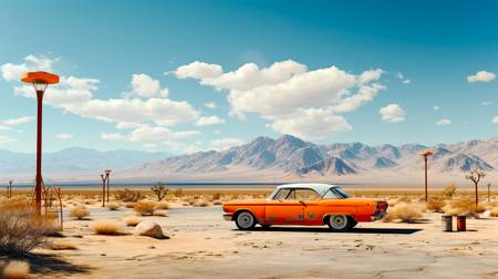 Ein Auto ind der Wüstemit einem Berg im Hintergrund. Der Himmel über USA