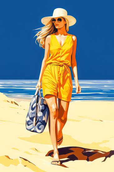 Eine Frau im Sommer-Outfit und Hut am Strand