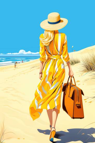 Eine Frau in Sommerkleid, Hut und mit einer Tasche geht durch ein Strand am Sonnigen Sommertag.