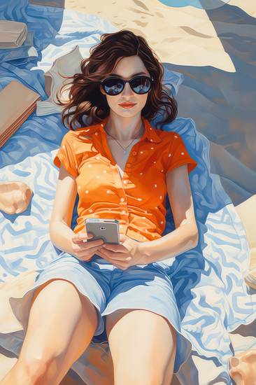 Eine Frau liegt am Sonnigen Tag am Strand und liest Nachrichten am Handy