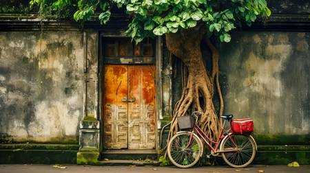 Fahrrad vor einem Tempel in Bali. Alte Tür in Asien