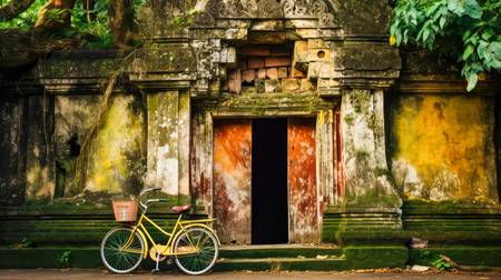 Gelbes Fahrrad vor einem Tempel auf Bali. Architektur und Farben in Asien.
