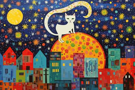 Katze auf dem Dach. Katze in der Nacht. Katze in der Stadt. Sternenhimmel, Tiere. Haustiere.