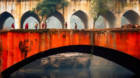 Rote Brücke in Indien. Menschen auf einer alten Brücke. Fluss in Indien