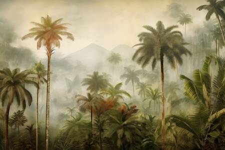 Tropische Landschaft mit Palmen und Bergen. Nebel im Regenwald. Grüne Landschaft am morgen. Natur