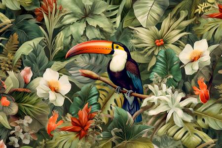 Tukan im Regenwald, Tropischer Regenwald, Tropische Pflanzen, exotische Blumen