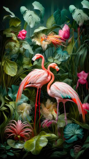 Zwei pinke Flamingos in einem Regenwald. 