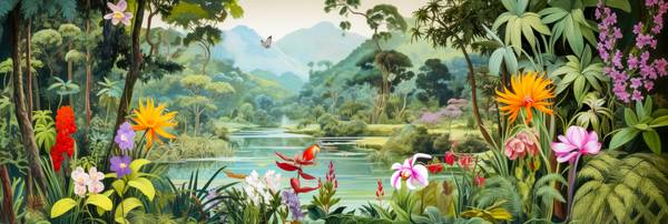 Tropische Blumen und Pflanzen umgeben einen ruhig fließenden Fluss, während majestätische Berge am H from Miro May