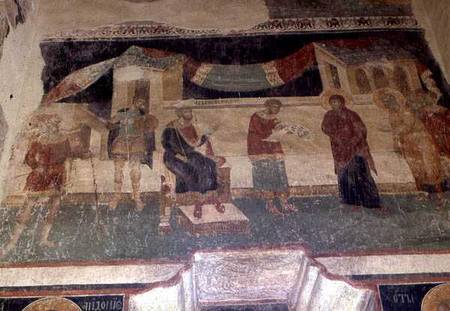 Taxing at Bethlehem, narthex fresco in the church from Morava School
