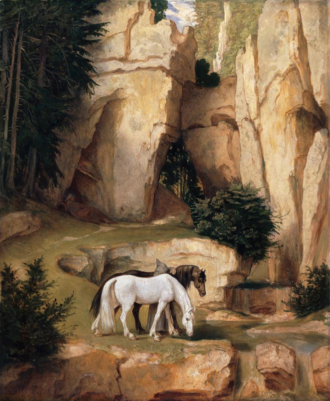 A hermit leads horse to the watering-place from Moritz von Schwind