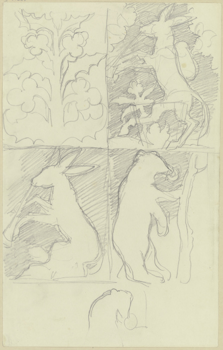 Kunstgewerbliche Entwürfe, in vier Feldern: Symmetrisches Gewächs, Esel mit Rucksack, Musizierender  from Moritz von Schwind