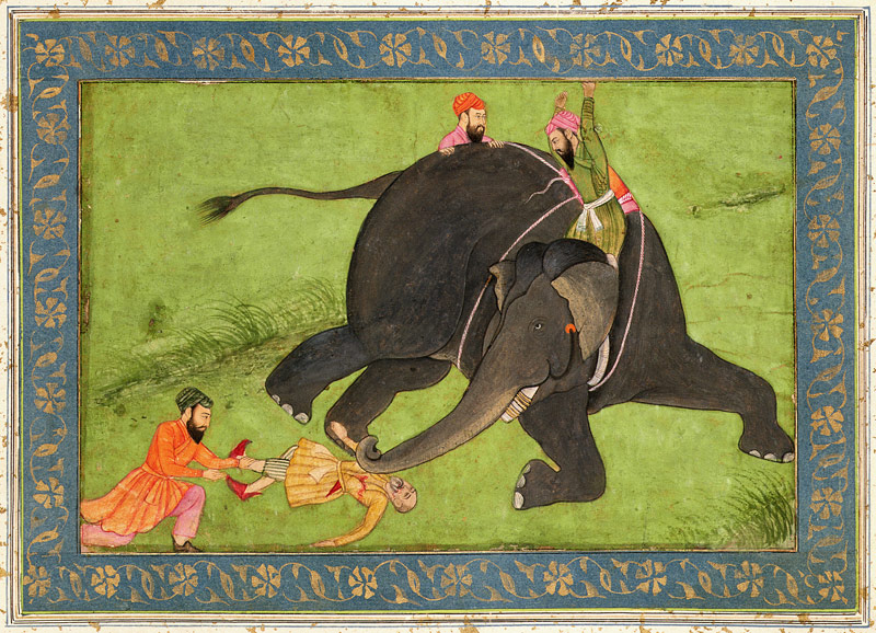 Attendants rescue a fallen man from an enraged elephant, from the Large Clive Album from Mughal School