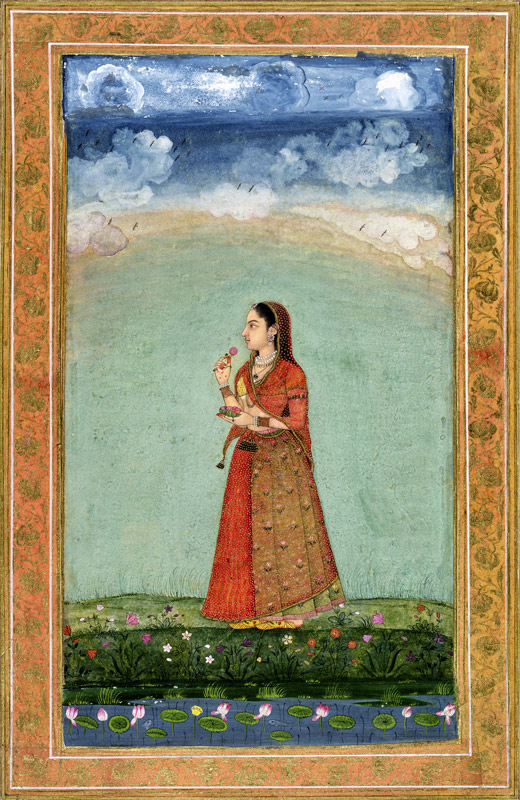 Lady holding a bowl of roses, from the Small Clive Album from Mughal School