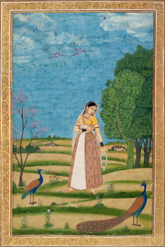 Lady with peacocks, from the Small Clive Album from Mughal School
