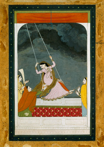 A lady on a swing, Kangra Punjab hills from Mughal School
