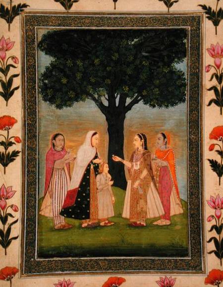 Four Ladies meet by a Tree, from the Small Clive Album from Mughal School