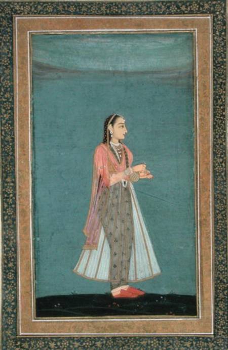 Lady holding a wine flask and cup, from the Large Clive Album  on from Mughal School